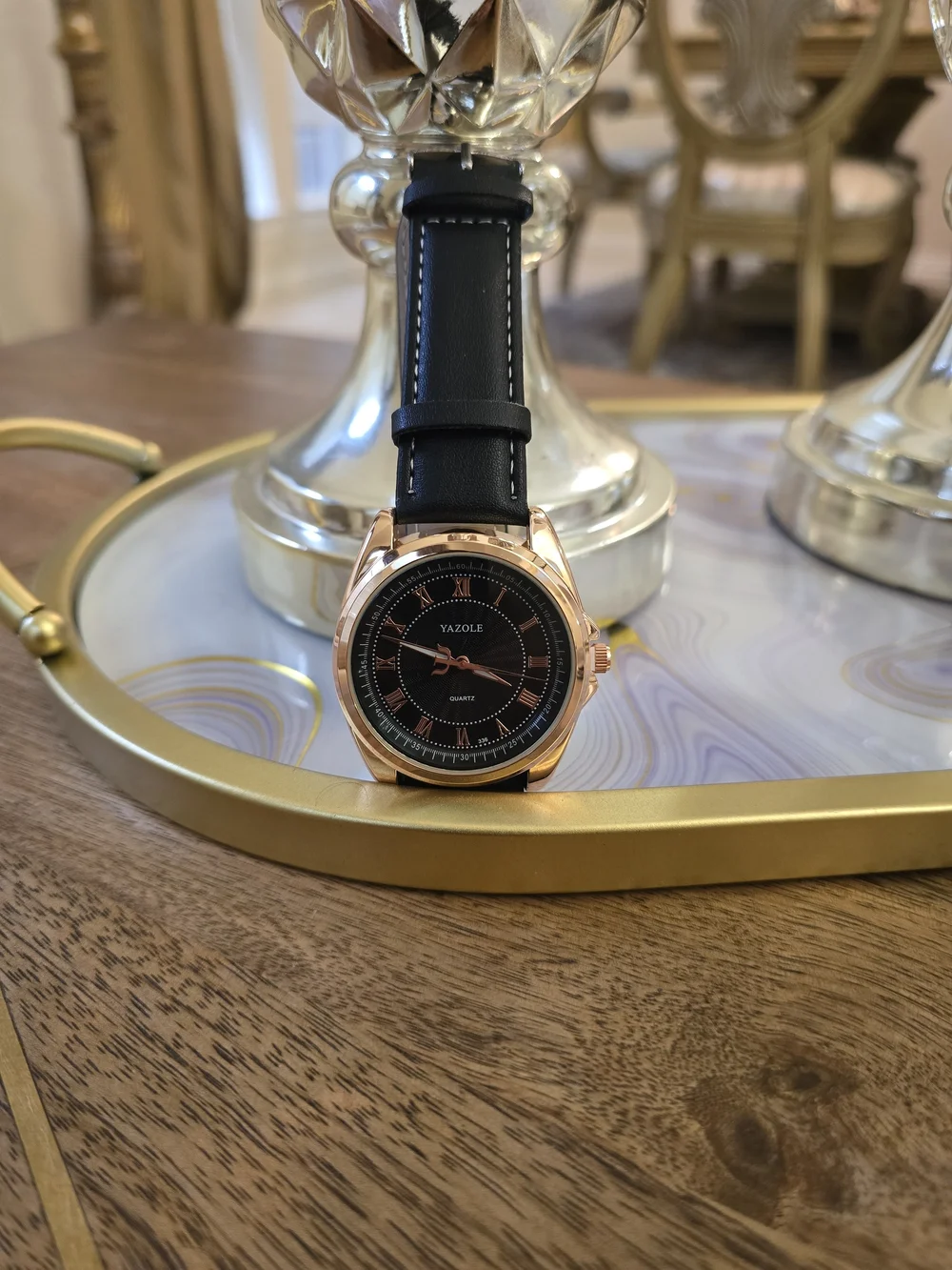 Yazole Men's Black Dial Rose Gold Case Leather Strap Watch